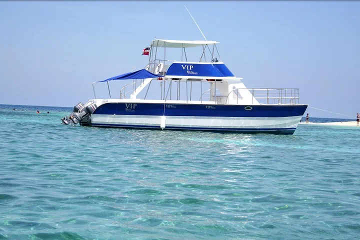 A blue and white catamaran in clear shallow waters